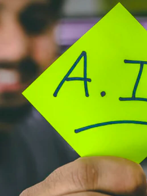 Babel Artificial Intelligence. Detail of a post-it where "AI" is written