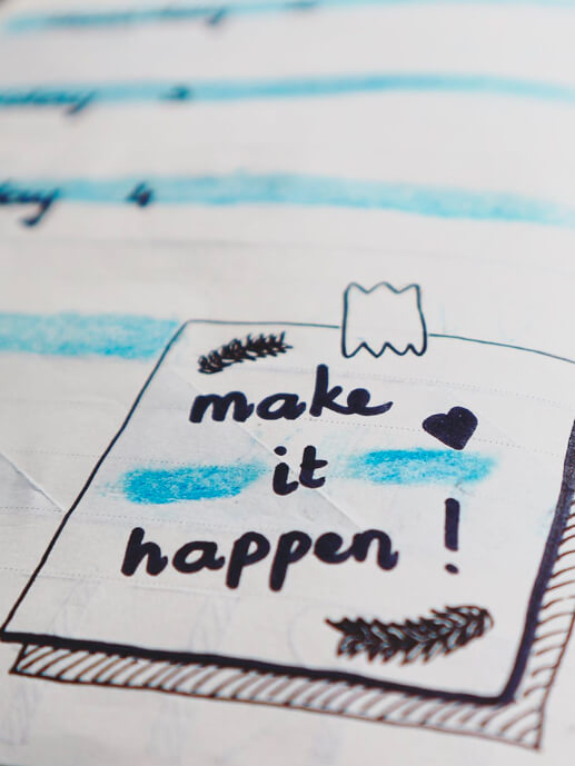 Babel Digital Strategy. Detail of a drawing of a posit with the text "make it happen!"